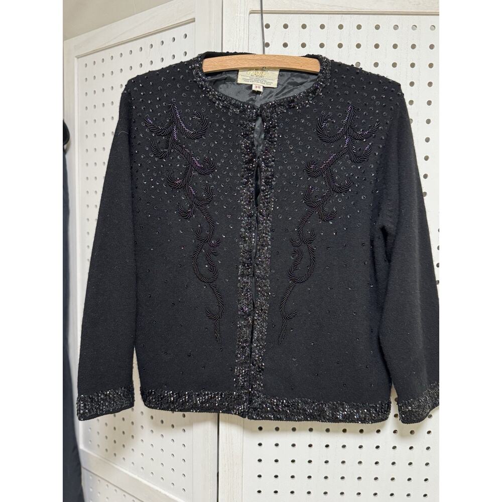 Vintage 60s Cyn Les Wool Black Beaded Cardigan Sweater - Womens Size 38 / SM